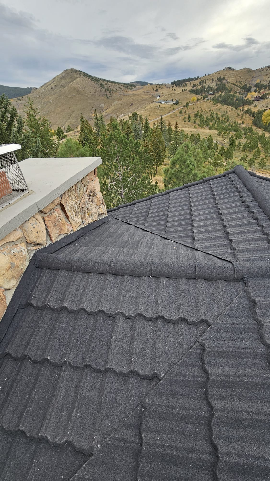 OCR Install · Stone-Coated Steel · Charcoal · Colorado mountain setting