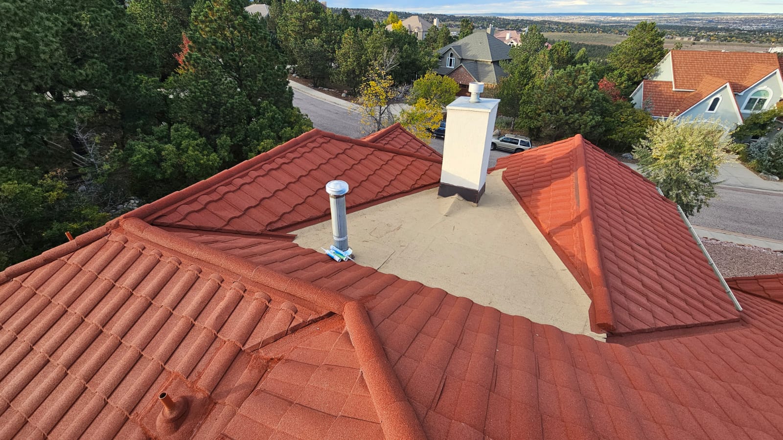 OCR Install · Stone-Coated Steel · Terra cotta barrel · aerial view